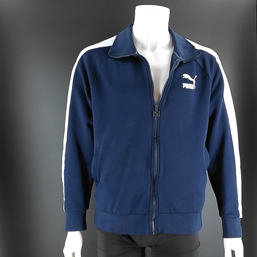Puma Mens Track Jacket XL Navy Blue White Stripe Full Zip Athletic Sweatshirt